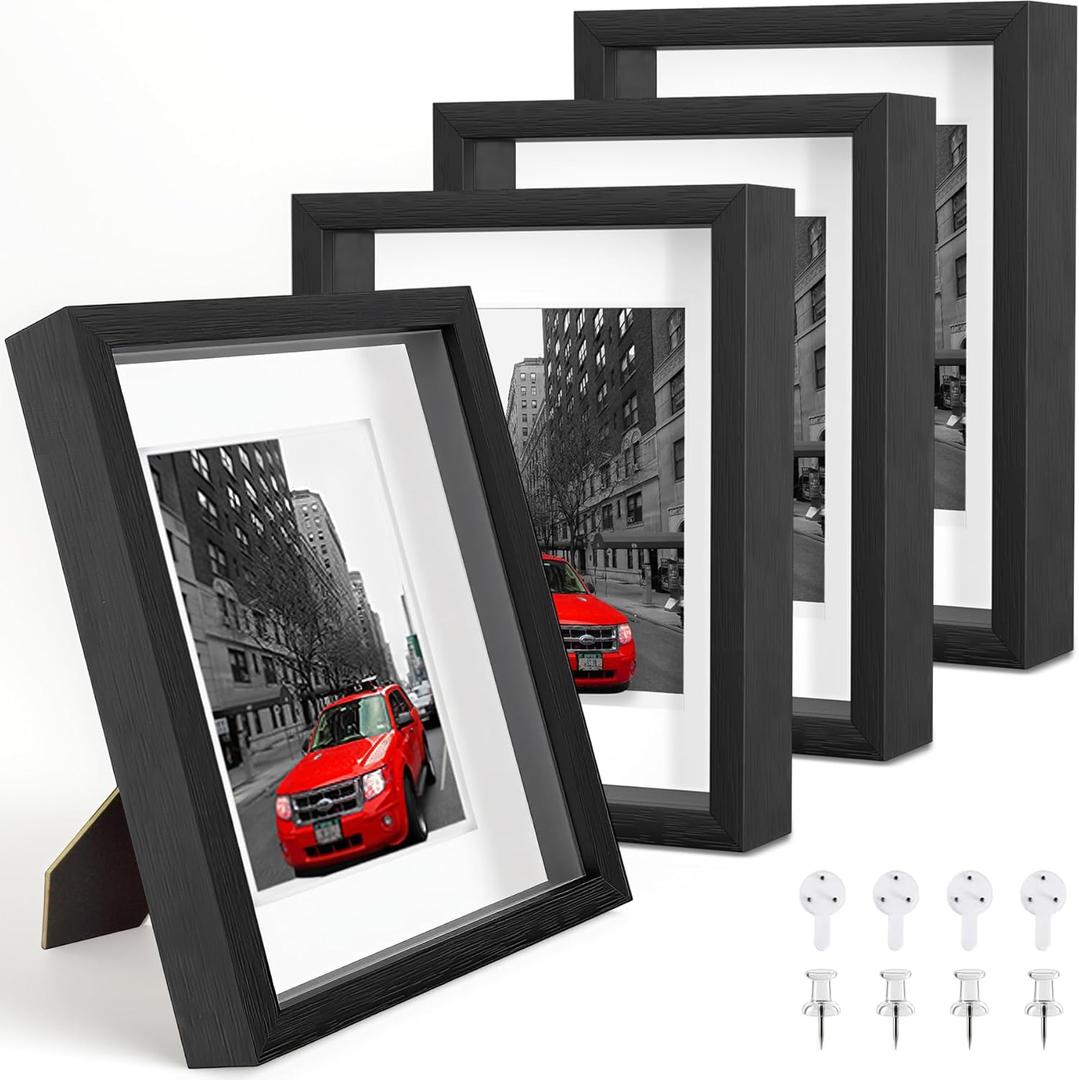 8x10 Shadow Box Picture Frames Set of 4, Wooden Display Cases with Linen Board, Use as 6x8 Frame with Mat or 8x10 Without Mat, 1.0" Interior Depth for Flowers Memorabilia Collectibles, Black