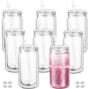 8 Pack 16oz Snow Globe Tumblers with Lids, Straws & Plugs, Double Wall Acrylic Plastic Snowglobe Cups, Pre-Drilled Hole DIY Glitter Tumbler Supplies, Bulk Clear Globe Cups for Party Favors