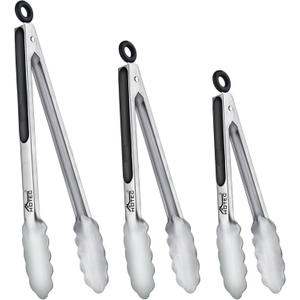 Hotec Stainless Steel Kitchen Tongs, Set of 3-7", 9" and 12", Locking Metal Food Tongs for Cooking, Serving, BBQ, Grill Non-Slip Grip