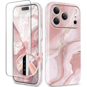 GVIEWIN for iPhone 17 Pro Case Compatible with MagSafe, with Screen Protector [Full Camera Protection] Military-Grade Shockproof Slim Magnetic Marble Phone Case for 17 Pro 6.3", Rhodonite/Pink