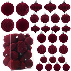 28PCS Velvet Christmas Balls Ornaments, Flocked Shatterproof Burgundy Xmas Tree Hanging Decoration Plastic Ball Set Bulk Ornament for Winter Trees Holiday Party Home Wreath Decor