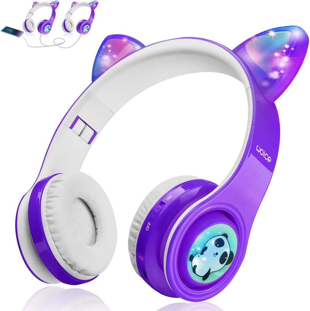 Woice Kids Wireless Bluetooth Headphones, LED Flashing Lights, Music Sharing Function, Long Lasting Battery and 85db Volume Limited Children Bluetooth Headphones for Boys Girls (Purple)