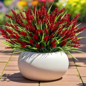 Geegoods Artificial Plants Flowers Outdoor 24 Bundles UV Resistant Faux Lavender Flowers with Monkey Grass for Garden Porch Window Patio Hanging Planter Decor