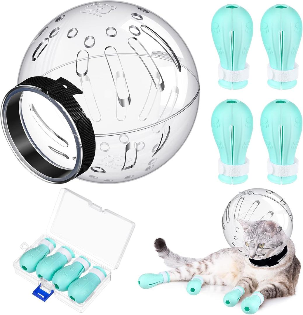 Cat Muzzle for Grooming Cat Adjustable Hood with Paw Covers, Kitten Breathable Anti Bite Muzzles Anti Scratch Boots Silicone Pussy Shoes Boots Kitten Paw Protector for Pet Bathing Shaving(Medium)