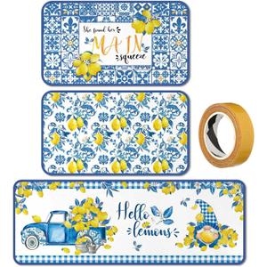 3 Pcs Lemon Kitchen Rug and Mat Set Blue Yellow Tiles Italian Lemon Decor Non Slip Anti-fatigue Washable Summer Kitchen Floor Mats Farmhouse Summer Decor for Home Bedroom Bathroom Accessories