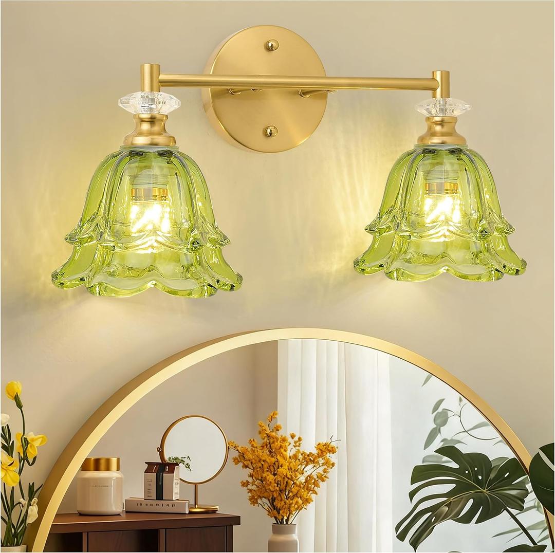 Vintage Bathroom Light Fixtures Over Mirror,Green Vanity Light for Bathroom,2 Light Brass Vanity Light with Flower Glass LampShade for Bedroom Living Room Hallway (Green, 2-Light)