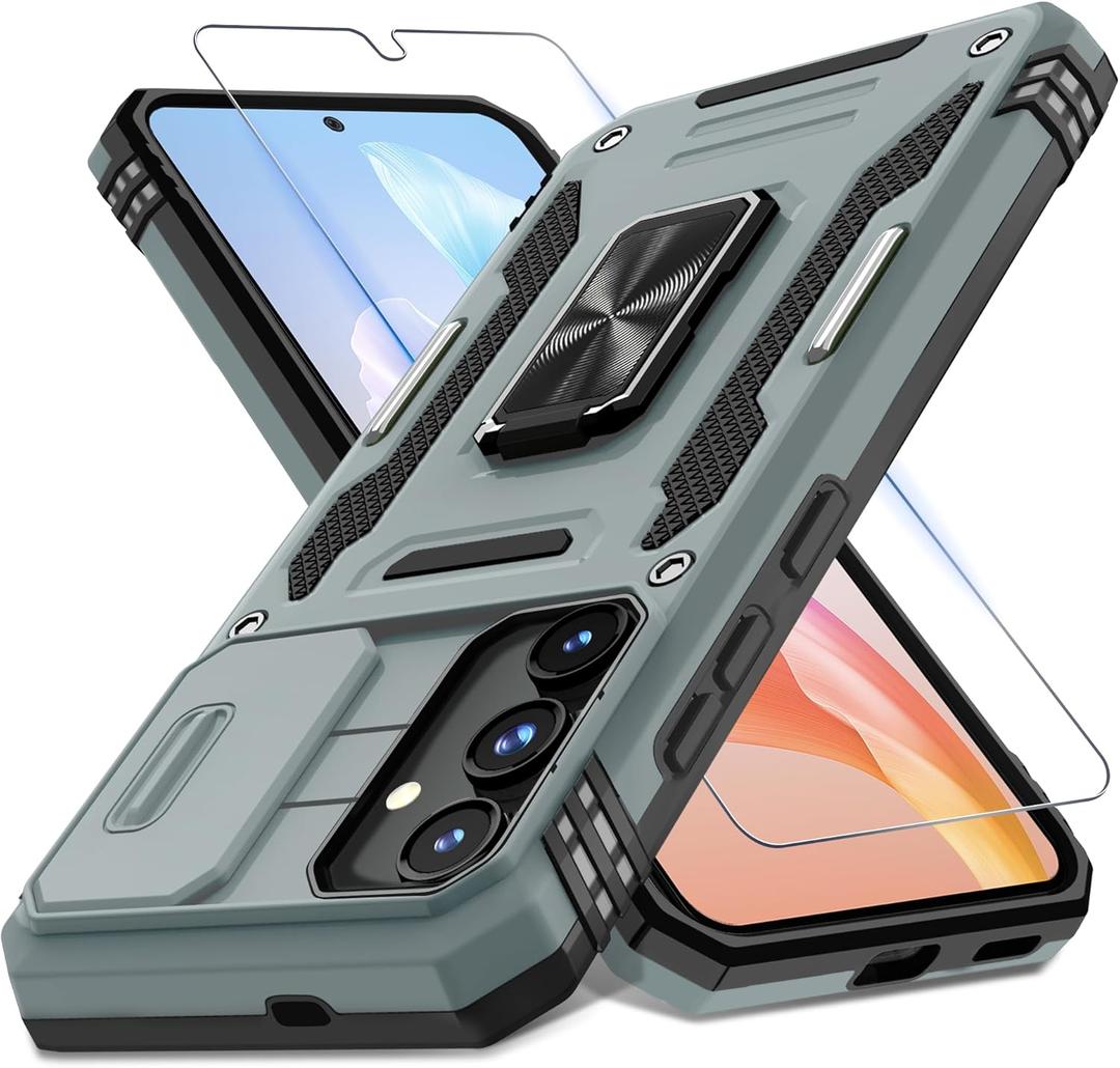 DEERLAMN Case for Samsung Galaxy S25+ Plus 6.7-Inch with Slide Camera Cover+Screen Protector(1 Pack), Rotated Ring Kickstand Military Grade Shockproof Protective Cover-Grey