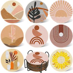 DOTSOPS 8Pack Landscape Diamond Painting Coaster with Holder 5D Diamond Art Kits for Adults Round Full Drill Beginners Gem Dots Craft Arts Supplies Party Home Decor Abstract