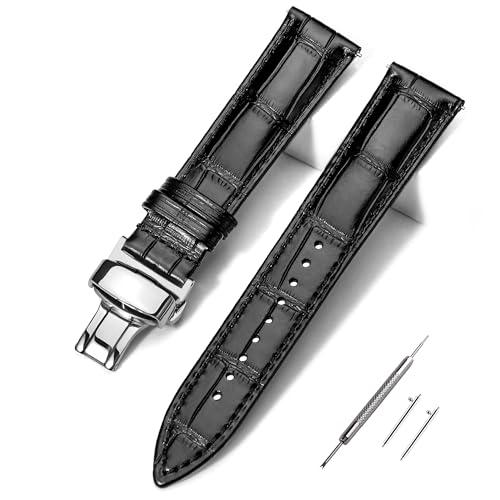 EACHE Leather Watch Bands for Men 21mm Watch Band Quick Release Alligator Grain Pattern Black Leather Watch Straps with Silver Butterfly Deployment Clasp
