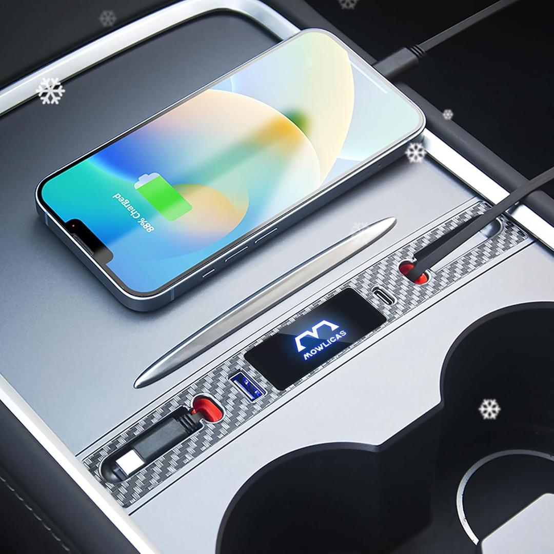 New OEM Design for Tesla USB Hub (Carbon Fiber), with Retractable Cables is Necessary Tesla 2021-2024 Model 3/Y Accessories (not Highland or Juniper Compatible), Gifts for Tesla Owners