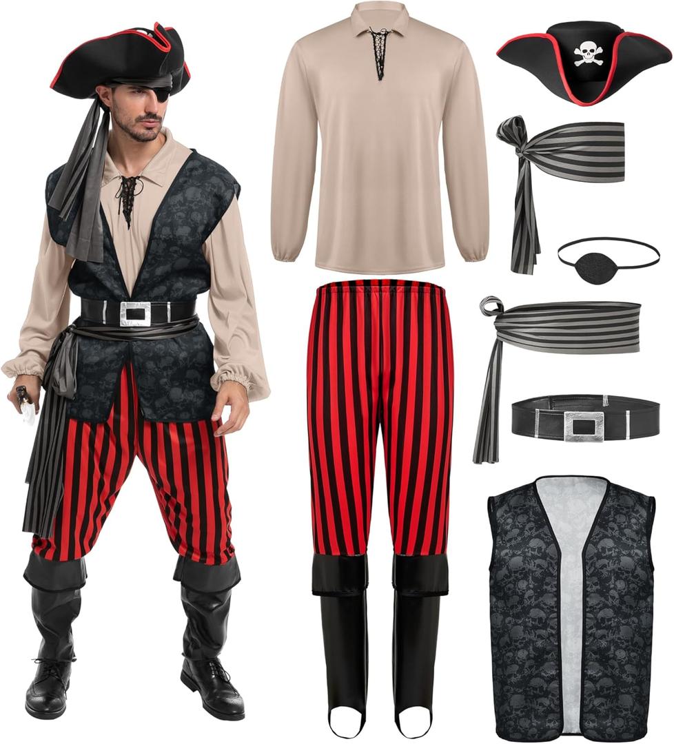 Spooktacular Creations Men Pirate Costume, Adult Pirate Shirt Vest Viking Pants Hat Set for Halloween Themed Parties (X-Large, Khaki)