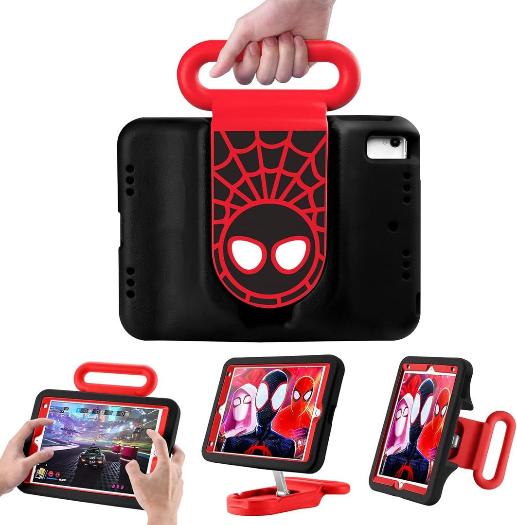 Kids Case for iPad 7th/8th/9th Gen,iPad 10.2 inch 2021/2020/2019 Case with Adjustable Portrait Landscape Stand Handle,Heavy Duty Protective Kids Child Friendly Cover for iPad 10.2 inch. (Black-Red)