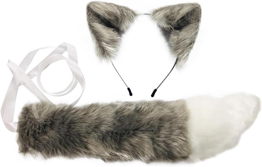 Handmade Fox Wolf Ears Headband and Faux Fur Tail for Halloween Party Costume Accessories (Gray)