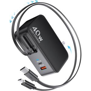 Retractable USB C Charger Wall Plug with 35.5in/90cm Type C Cables Cords,40W Fast Charging Foldable Block Multi Charger for All Devices for iPhone 17/16/15/14/13/12,iPad,Galaxy,Pixel