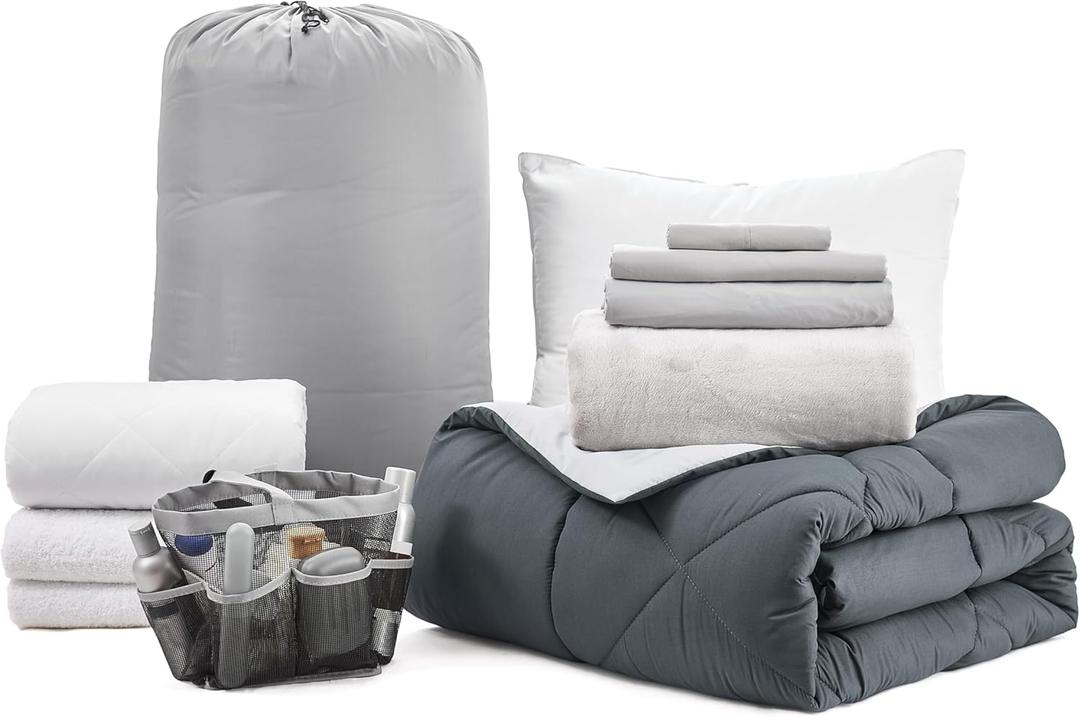College Freshman Dorm Pack Plus - Twin XL Bedding Bundle - Faded Black/Glacier Gray Color Set