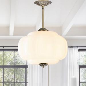 Antique Milk Glass Ceiling Light Fixture - 15 Inch Vintage Milk Glass Pendant Light for Kitchen, Hallway, Bedroom, Dining Room (White)
