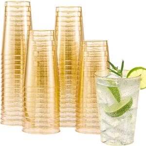 Lamosi 100 Pack 12 oz Gold Plastic Cups, Disposable Gold Glitter Plastic Cups, Fancy Clear Plastic Cocktail Cups for Wedding, Thanksgiving, Christmas, Parties