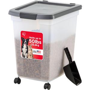 IRIS USA Dog Food Storage Container 50 lbs, with Removable Rolling Wheels & Included Scoop, for Dog Cat Bird and Other Pets, Food Storage Bin, Keep Fresh, Made in USA, Clear/Dark Gray
