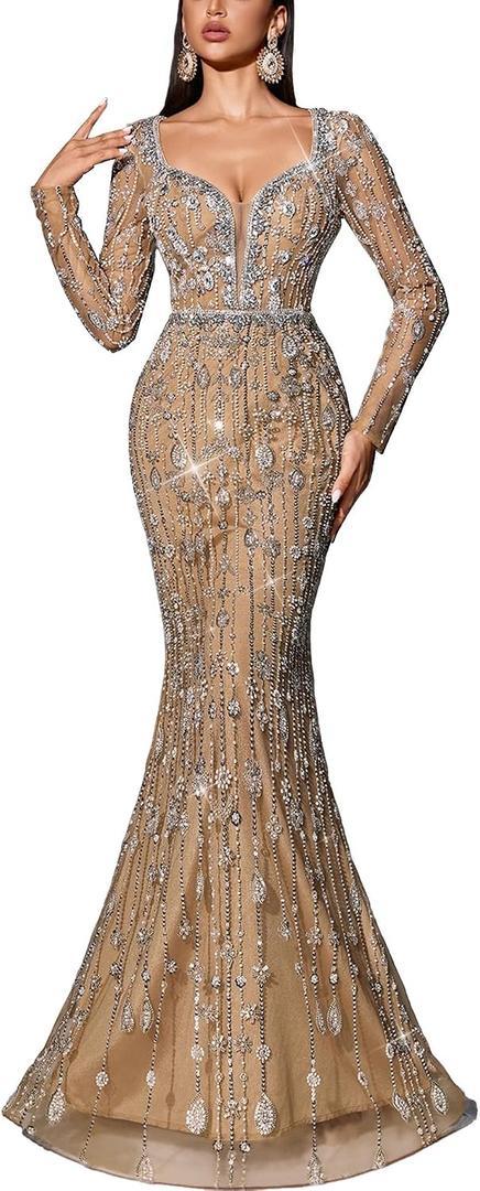 Women's V-Neck Sequin Beaded Mermaid Prom Dress Long Sleeve Formal Evening Gown Bodycon Wedding Guest Party Maxi Dress (Beige, L)