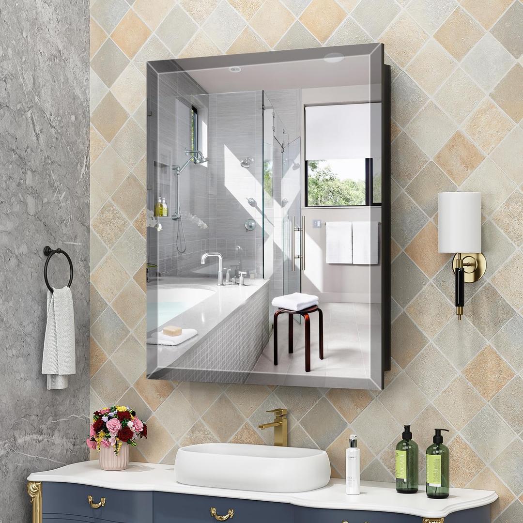 24X30 Inches Medicine Cabinet, Wall Mounted Bathroom Cabinet with Beveled Mirror, Recessed or Surface Medicine Cabinet with Storage