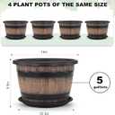 Quarut Large Plastic 4 Pack14 inch Plant Pots,Whiskey Barrel Planters with Drainage Holes & Saucer.Flower Pots Imitation Wine Barrel Design for Indoor & Outdoor Garden Balcony Plants.5 Gallons(Brown)