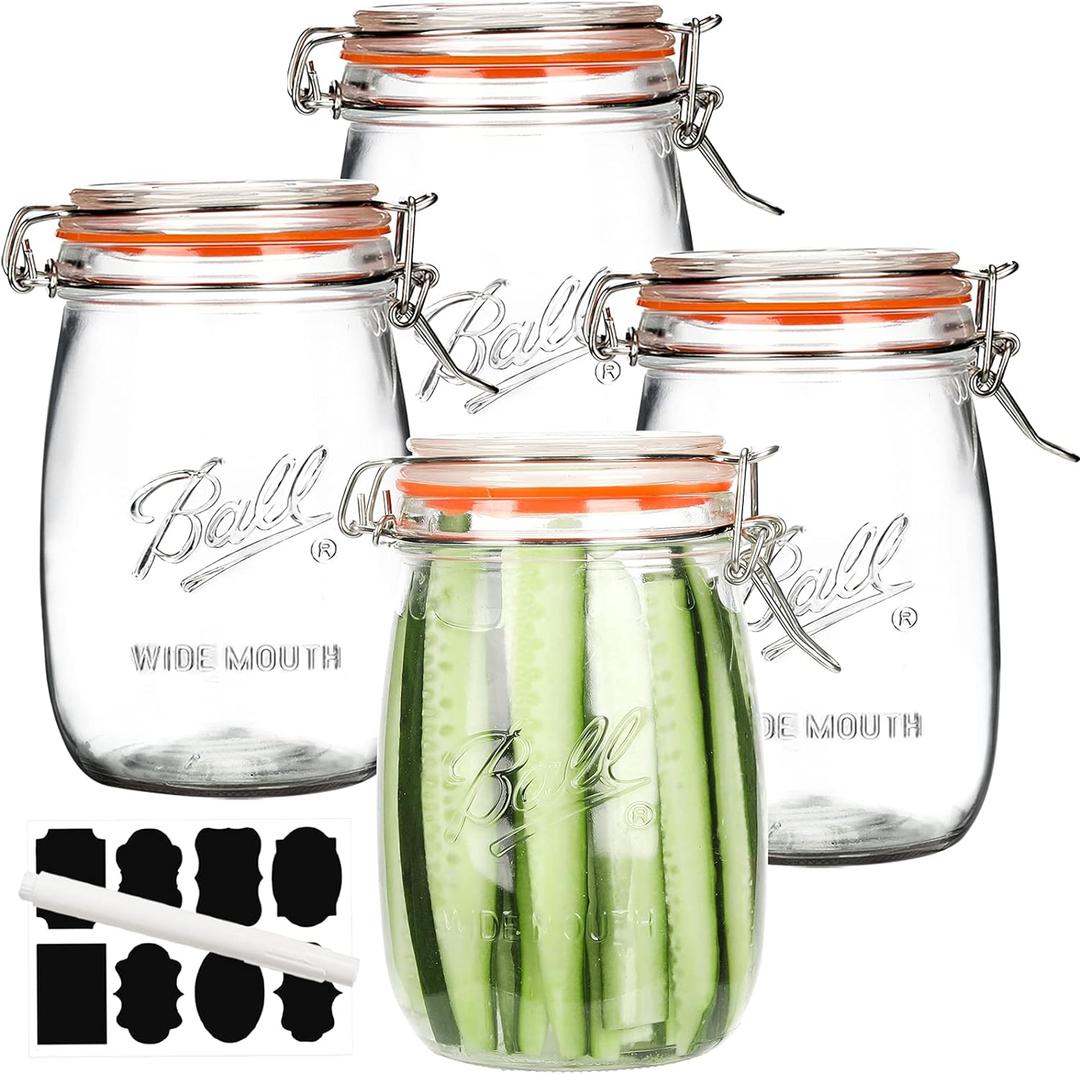 Wide Mouth Glass Jars with Airtight Lid 32OZ 4 Pack, Kitchen Storage Large Clear Canister Jars with Hinged Lid with Measurement Marks For Canning, Coffee, Flour, Sugar, Beans