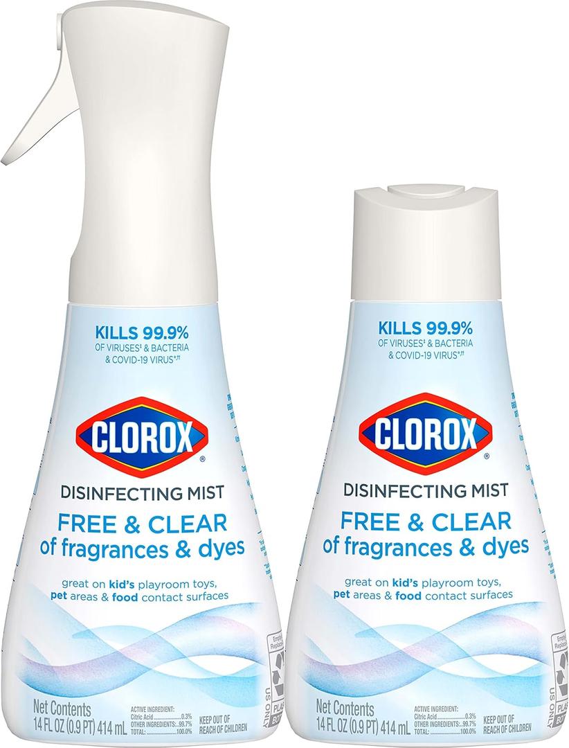 Clorox Free & Clear Disinfecting Mist, Household Essentials, 1 Spray Bottle and 1 Refill, 14 Fl Oz Each