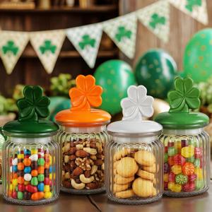 Yungyan 4 Pcs St. Patrick's Day Candy Jar with Shamrock Ceramic Lid Clear Glass Shamrock Cookie Jar St Patricks Day Decorations for Candy Dish Cookie Chocolate Irish Table Party Supplies