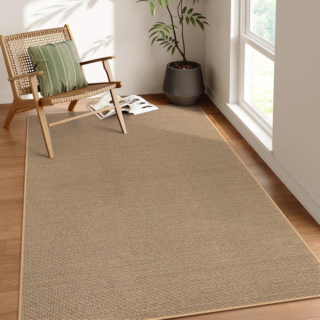 Lahome Farmhouse Rugs for Living Room, Large 5x8 Neutral Area Rug for Bedroom Dining Room, Beige Non Slip Stain Resistant Floor Carpet for Office Entryway, Beige/Khaki