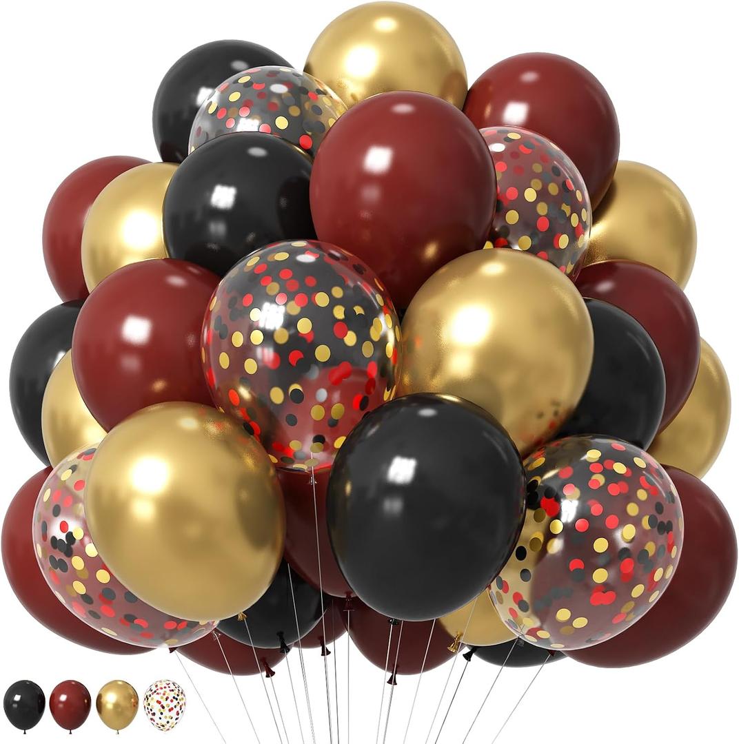 HILAVO Black Burgundy Gold Balloons 12 Inch Burgundy Maroon Red Black Metallic Gold Latex Confetti Balloon for Kids Graduation Birthday Baby Shower Party Decoration