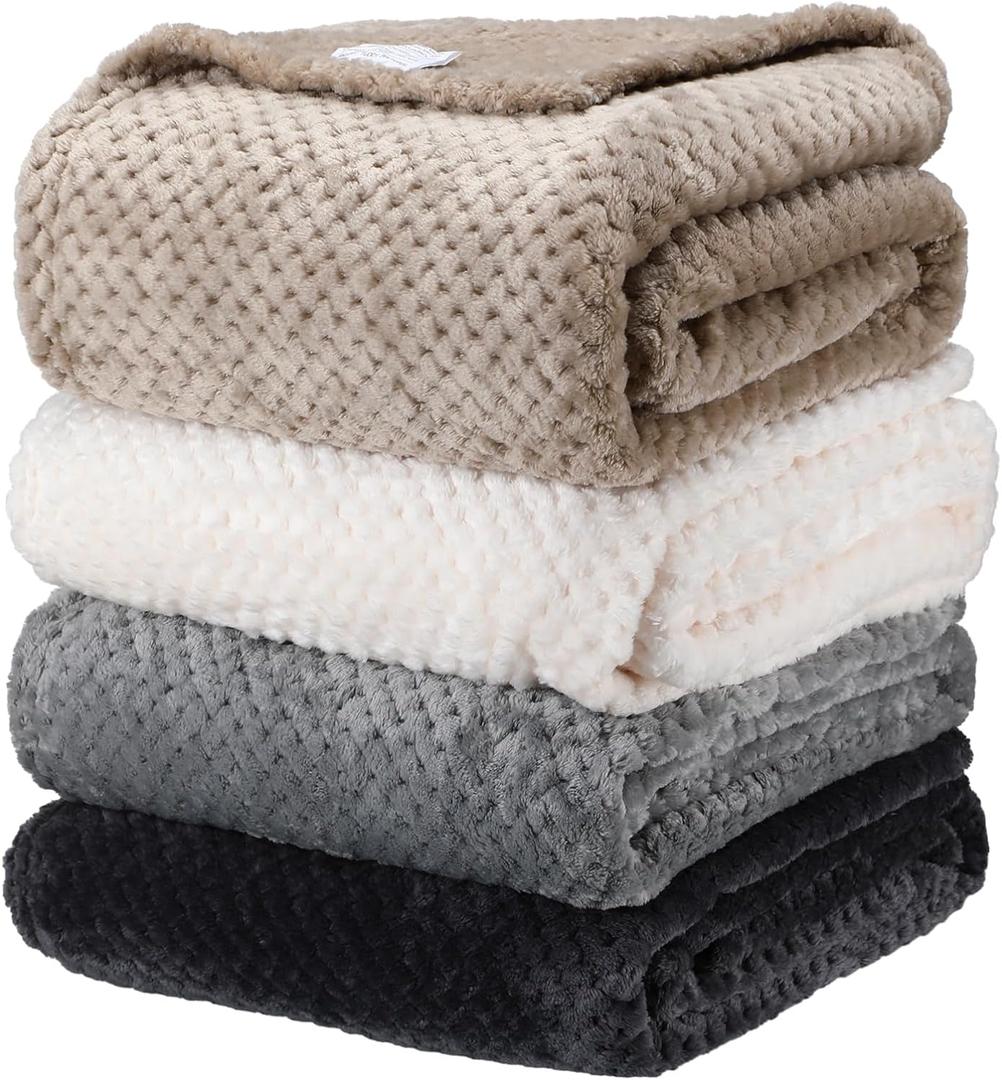 Newwiee 4 Pcs Flanne Fleece Throw Blanket for Bed Couch Large 3D Waffle Textured Soft Blanket Winter Warm Lightweight No Shedding No Pilling Decorative Throw, 50x60 Inch(Neutral Color)