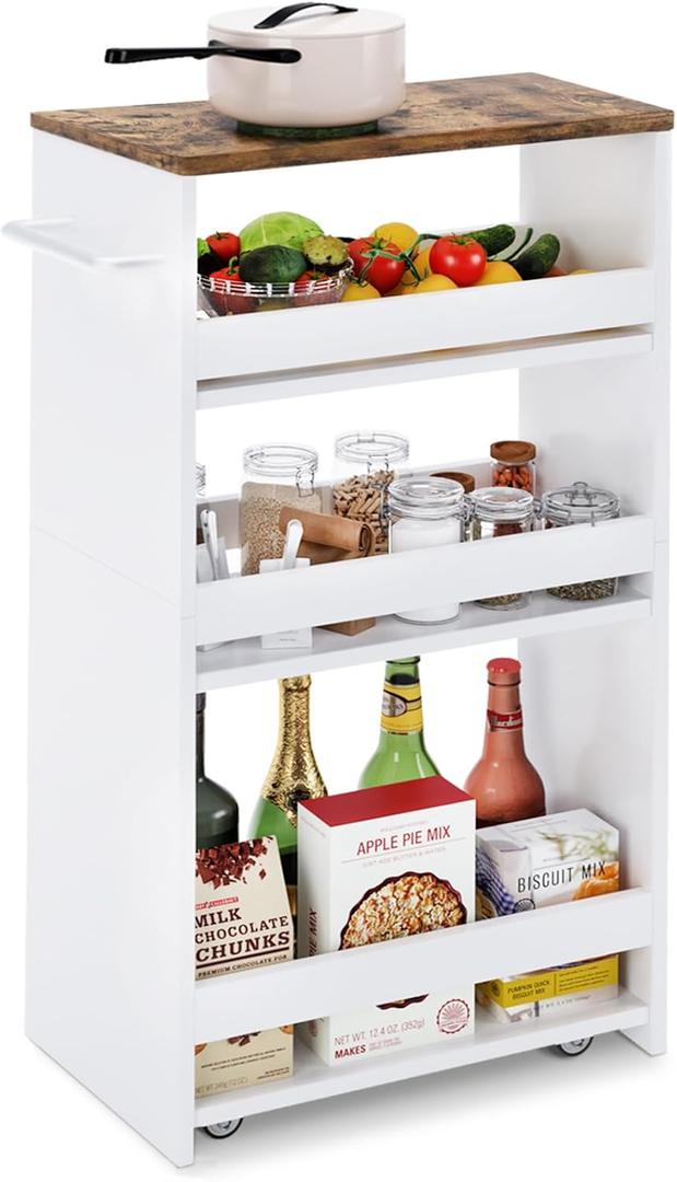 TEAMIX 4 Tier White Slim Storage Cart with Handle, 7.9''W Slide Out Storage Rolling Utility Cart Mobile Shelving Unit Organizer Trolley for Small Spaces Kitchen Laundry Narrow Places