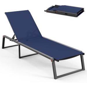 Aluminum Chaise Lounge Chair Outdoor, Foldable & Assembly Free Patio Pool Lounge Chairs 5-Position Recliner for Poolside, Fully Grounded Legs Sun Lounger, Navy Blue, Product Dimensions 71.7"D x 23.6"W x 39.8"H