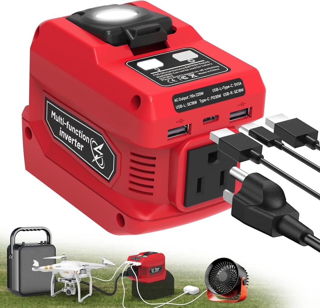 220W Power Inverter Compatible with Milwaukee 18V Battery, DC 18V to AC 110V Battery Inverter, Power Station Generator with 1 AC Outlet, 2 USB Ports & 1 Type-C Fast Charging, 400LM LED Work Light (Red)