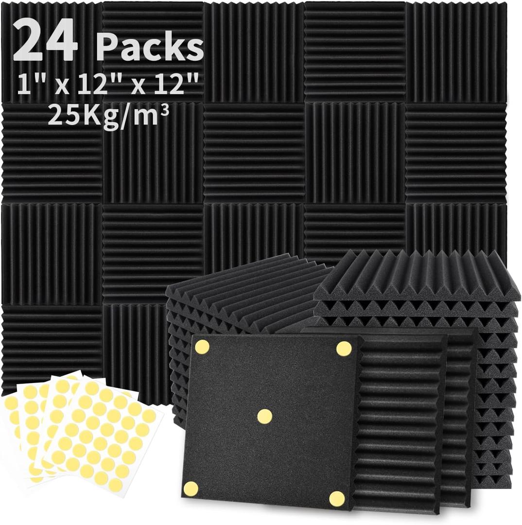 Focusound 24 Pack Acoustic Foam Panels 1" x 12" x 12" Sound Proof Foam Panles Soundproofing Noise Cancelling Wedge Panels for Home Office Recoding Studio with 240PCS Double-Side Adhesive