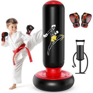 QPAU Kids Punching Bag Toy with Boxing Gloves, 66 Inch Larger Stable Kids Inflatable Boxing Bag Set, Gifts for Boys & Girls Age 6-12, for Practicing Karate, Taekwondo, MMA (Black&Red)