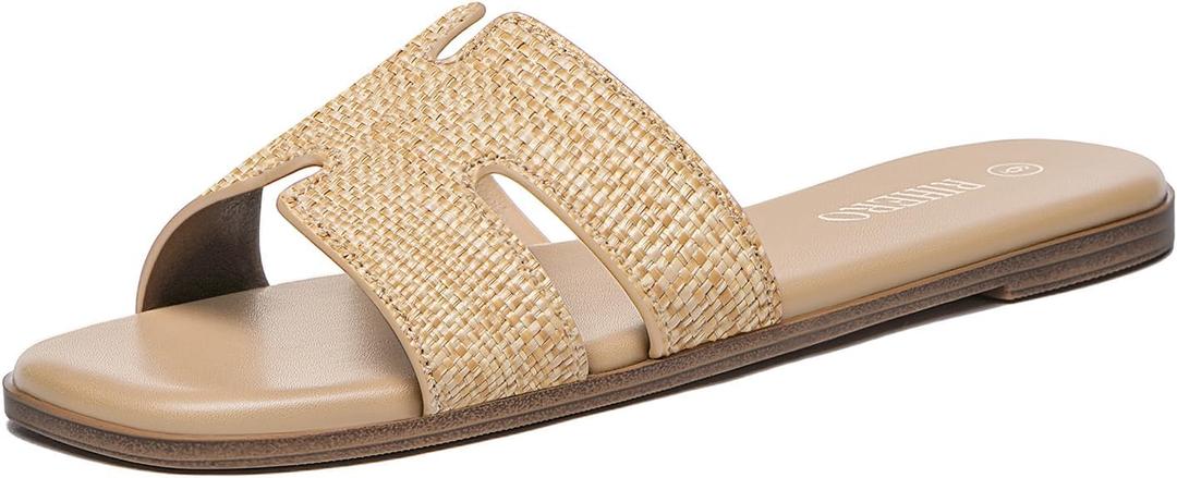 Rihero Women's Dressy Flat Sandals Comfortable Slip On Leather Slide Sandals (7.5, Raffia)