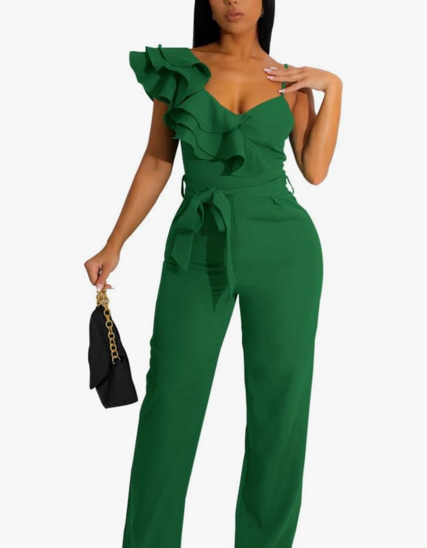 HBQ Womens Casual One Piece Jumpsuits V-Neck Sleeveless Ruffle Elegant Romper Wide Leg Pant Sexy Party Clubwear Overalls L