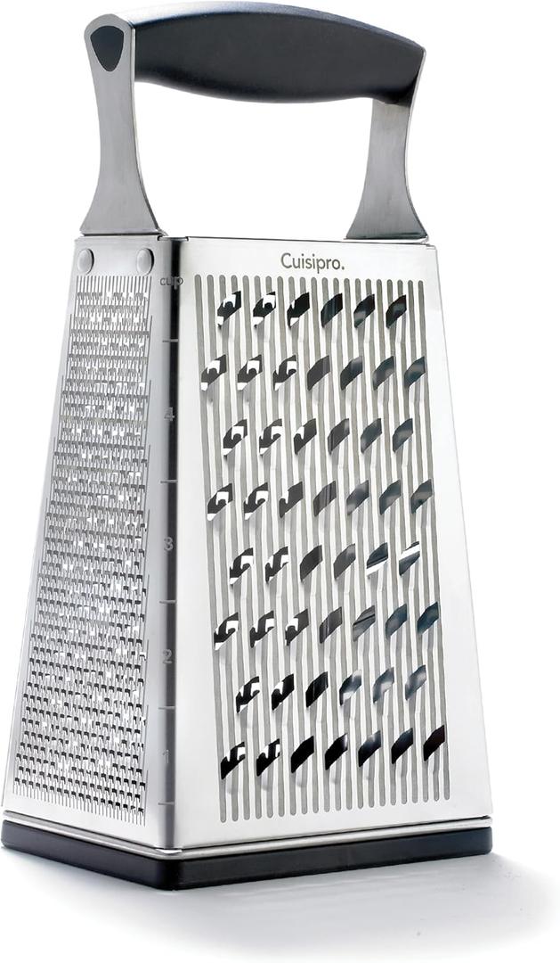 Cuisipro Stainless Steel Cheese Grater with Handle, 4 Sided Box Grater for Kitchen, Ginger Grater Dishwasher Safe, Fruit and Vegetables Slicer, Cheese Shredder for Potato, Chocolate, Parmesan, Ginger
