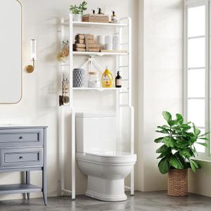 Over The Toilet Storage, 3-Tier Toilet Shelf with Anti-Tip Device, Behind Toilet Bathroom Organizer, Freestanding Space Saver with Folding Shelf, White (Cloud White)