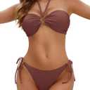 Women Two Piece String Bikini Swimsuit Halter Tie Side Bathing Suits Cheeky Thong Bikini Set (Small, Brownred)