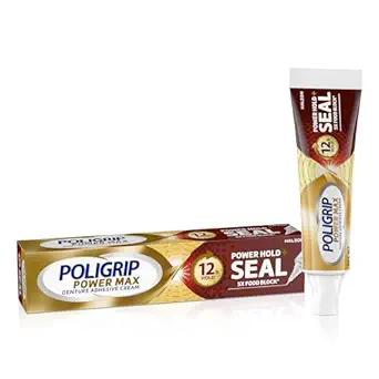 Poligrip Power Max Power Hold plus Seal Denture Adhesive Cream, Denture Cream for Secure Hold and Food Seal, Flavor Free - 2.2 oz 4 Packs
