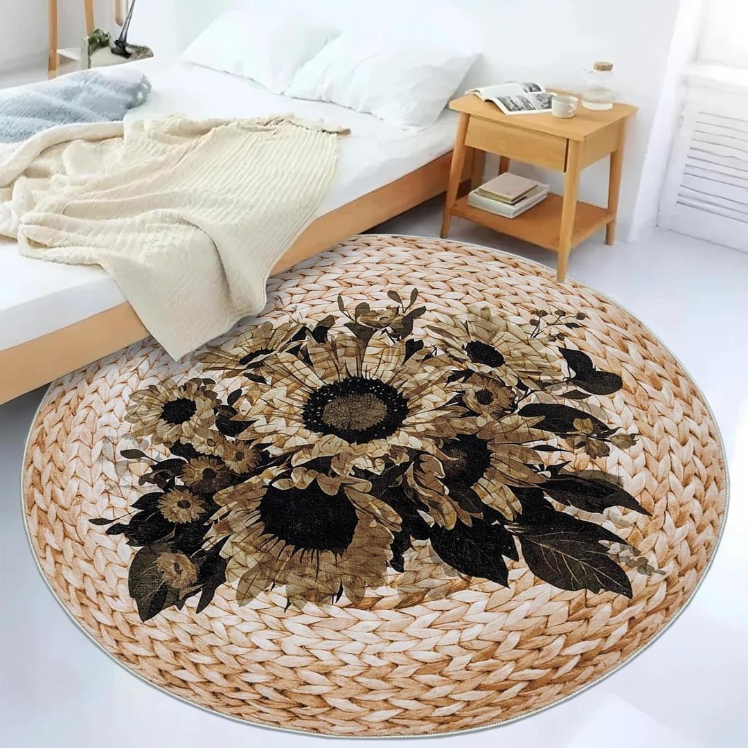 Boho Floral Rug 4Ft Round Sunflowers Carpet Mat for Girls Bedroom Farmhouse Living Room Dining Room, Circle, Dark Flowers, Rattan Pattern Printed, Retro, Washable, Indoor (Not Natural)