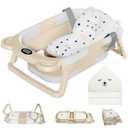 MoreFeel Collapsible Baby Bathtub for Newborn with Thermometer & 1 Hooded Towel & 1 Soft Floating Cushion,Portable Travel Bathtub with Drain Hole, Durable Foldable Baby Tubs for Infants to Toddler (Beige)