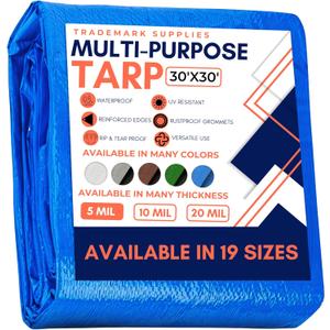 Large Waterproof Tarp - Heavy Duty 5 Mil Thick Poly Tarpaulin Ideal for Canopy Tents, Boats, RV or Pool Covers - Multipurpose Protective Tarps with Grommets for Indoor and Outdoor Use | 30' x 30' (Blue-lightweight Protection)