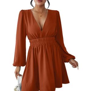 FAIABLE Mini Deep V Sexy Long Sleeve Dress for Women A-line High Waisted Casual Flowy Dress for Cocktail Wedding Guest Size M, Caramel
