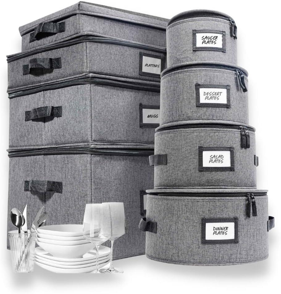 HOMELUX THEORY 8pcs Hard Shell China Storage Containers, Mug Storage, Wine Glass, Utensils, & Plate Storage Containers with Lid, Heavy Duty Dinnerware Storage for Packing Plates, Glassware & Cutlery