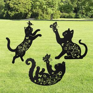 Cat Decorative Garden Stakes, 3 Pcs Cat Lover Gifts for Women Men Metal Garden Stakes, Butterfly Floral Silhouette Outdoor Yard Art Lawn Decor