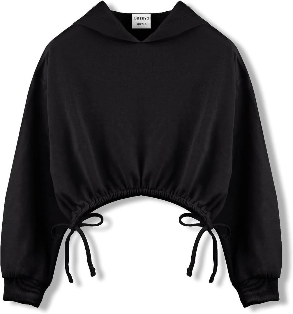GBTBYS Girls Crop Tops Hoodies Long Sleeve Cute Shirring Design Fashion Pullover Sweatshirts Black 9-10 Years