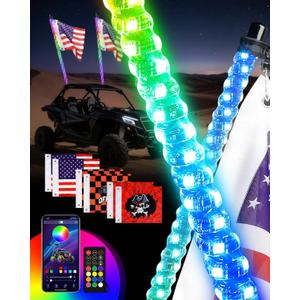 AUTOOMMO 4FT RGB LED Whip Lights (2 Pack) - 3X Ultra Brighter w/Turn & Brake Sync, Music Sync, APP/Remote, 366 Modes - IP68 Waterproof Lighted Antenna Whips w/ 6 Flags for UTV ATV SXS RZR Can-Am